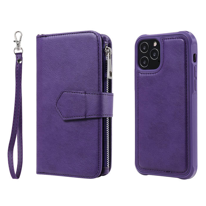 iPhone 12 Pro Zipper Wallet Magnetic Detachable 2 in 1 Case Purple