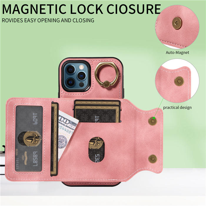 For iPhone 12/12 Pro Card Holder Ring Kickstand Magnetic Closure Case