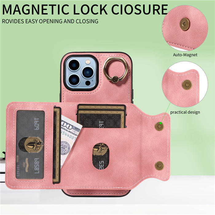 For iPhone 13 Pro Max Card Holder Ring Kickstand Magnetic Closure Case