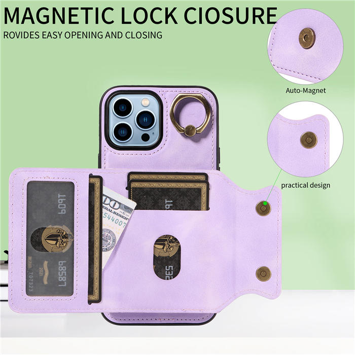 For iPhone 13 Pro Max Card Holder Ring Kickstand Magnetic Closure Case