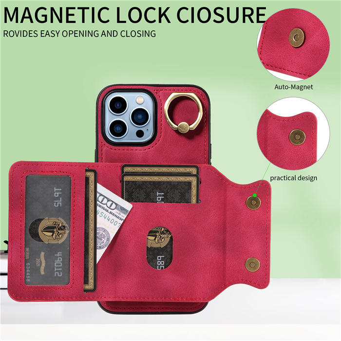 For iPhone 13 Pro Max Card Holder Ring Kickstand Magnetic Closure Case