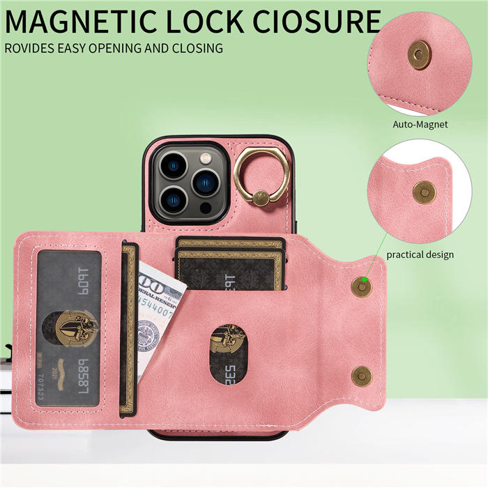 For iPhone 13 Pro Card Holder Ring Kickstand Magnetic Closure Case