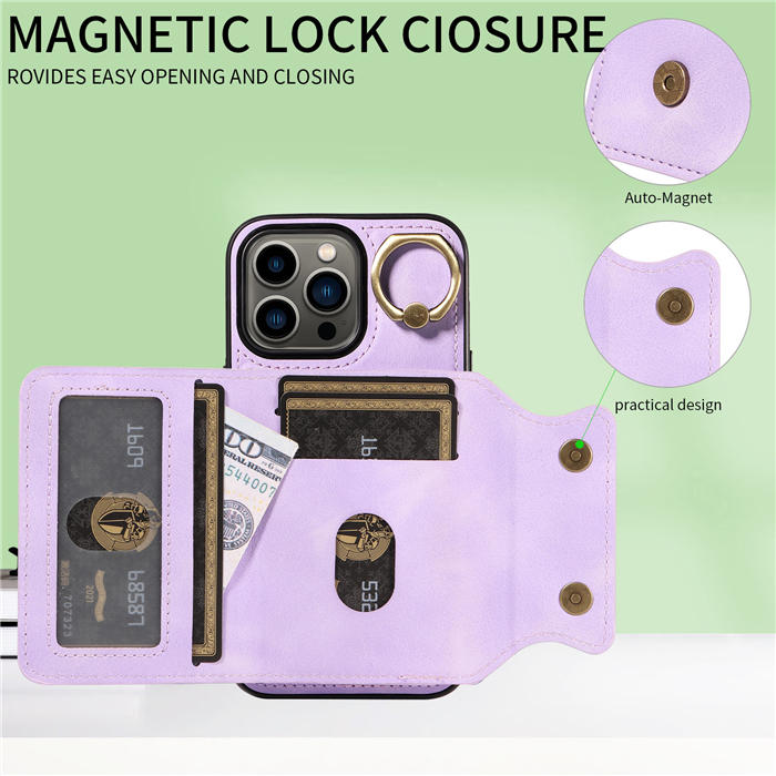 For iPhone 13 Pro Card Holder Ring Kickstand Magnetic Closure Case