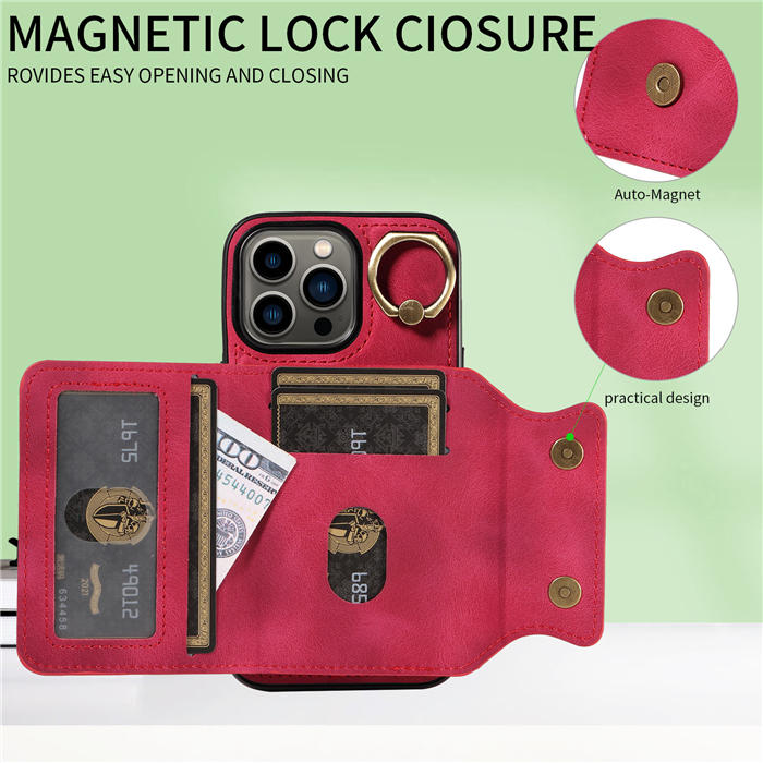 For iPhone 13 Pro Card Holder Ring Kickstand Magnetic Closure Case