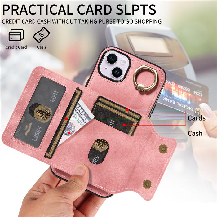 For iPhone 14 Plus Card Holder Ring Kickstand Magnetic Closure Case