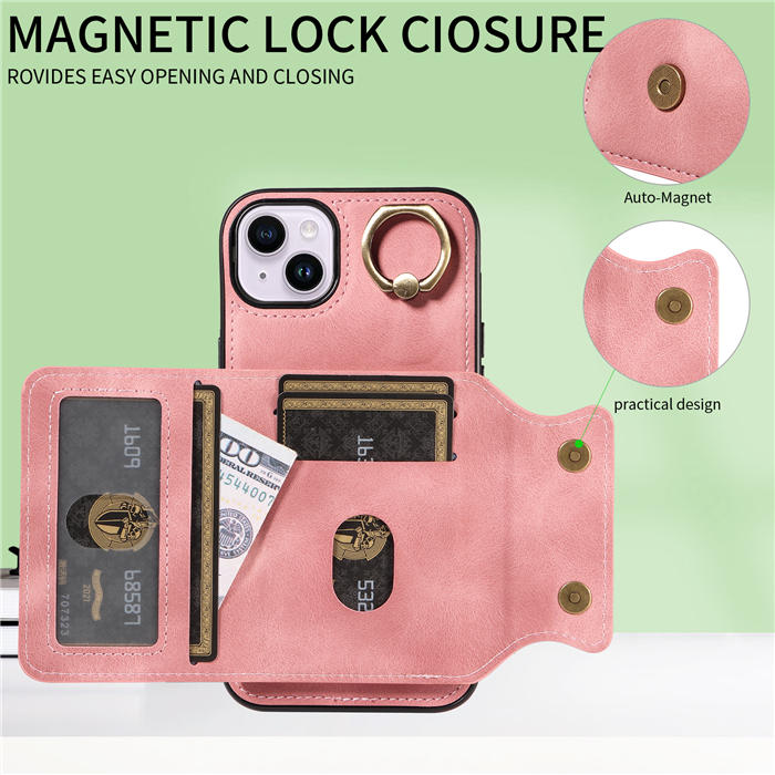 For iPhone 14 Plus Card Holder Ring Kickstand Magnetic Closure Case