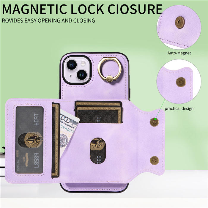 For iPhone 14 Plus Card Holder Ring Kickstand Magnetic Closure Case