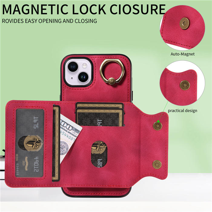 For iPhone 14 Plus Card Holder Ring Kickstand Magnetic Closure Case