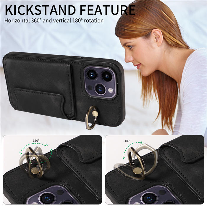 For iPhone 14 Pro Card Holder Ring Kickstand Magnetic Closure Case