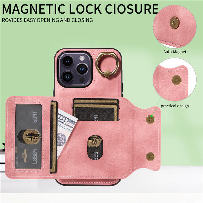 For iPhone 14 Pro Card Holder Ring Kickstand Magnetic Closure Case