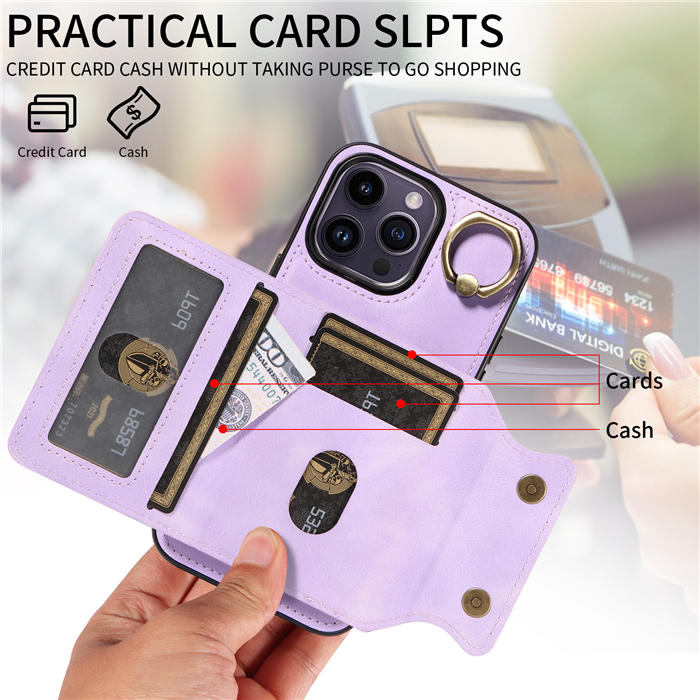 For iPhone 14 Pro Card Holder Ring Kickstand Magnetic Closure Case