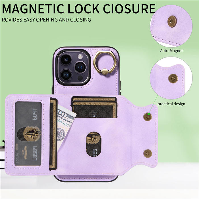 For iPhone 14 Pro Max Card Holder Ring Kickstand Magnetic Closure Case