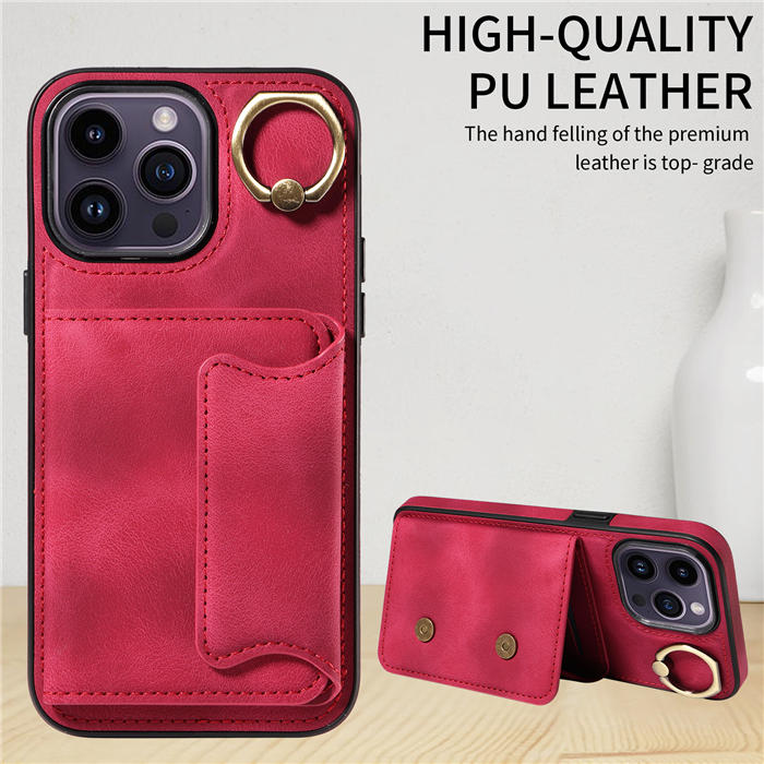 For iPhone 14 Pro Max Card Holder Ring Kickstand Magnetic Closure Case