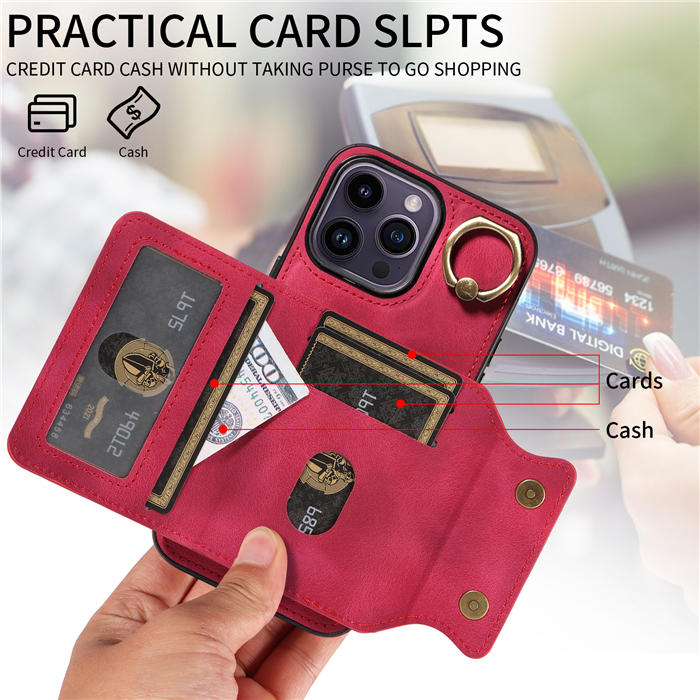 For iPhone 14 Pro Max Card Holder Ring Kickstand Magnetic Closure Case