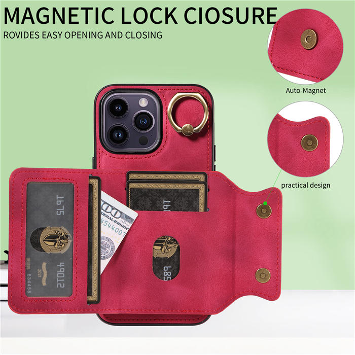 For iPhone 14 Pro Card Holder Ring Kickstand Magnetic Closure Case