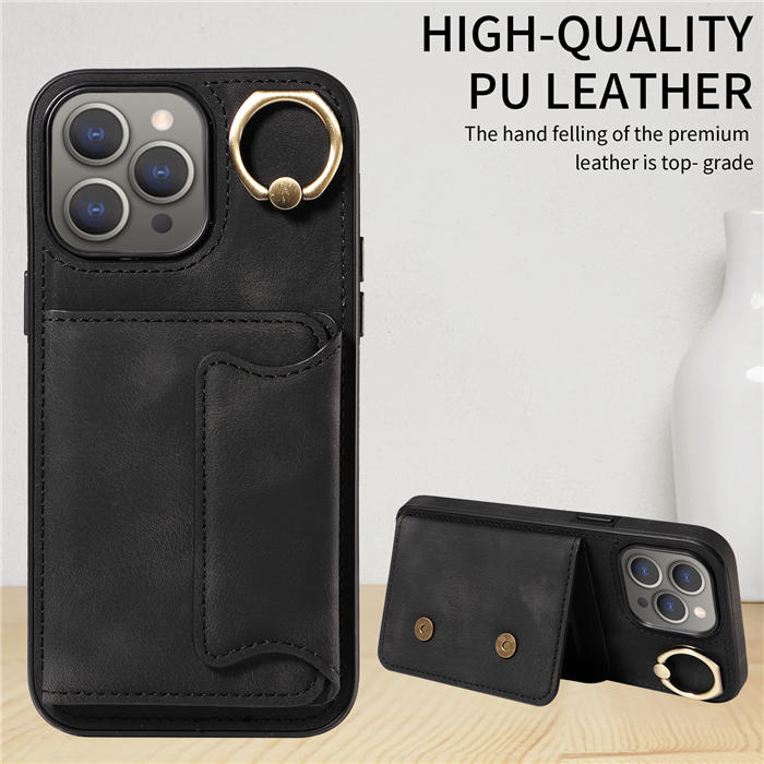 For iPhone 15 Pro Max Card Holder Ring Kickstand Magnetic Closure Case