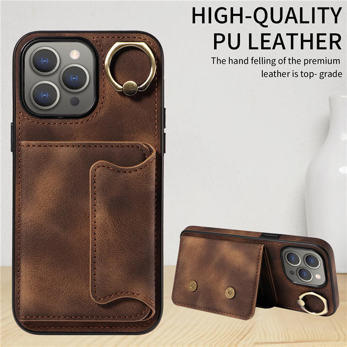 For iPhone 15 Pro Max Card Holder Ring Kickstand Magnetic Closure Case