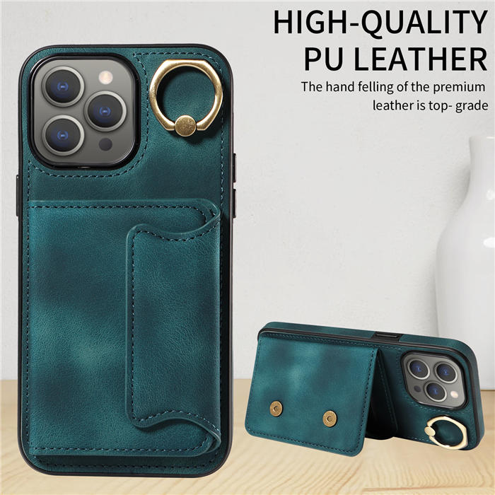 For iPhone 15 Pro Max Card Holder Ring Kickstand Magnetic Closure Case