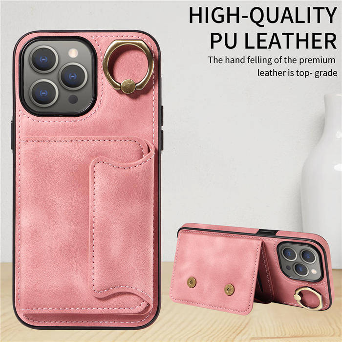 For iPhone 15 Pro Max Card Holder Ring Kickstand Magnetic Closure Case