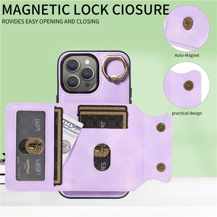 For iPhone 15 Pro Max Card Holder Ring Kickstand Magnetic Closure Case