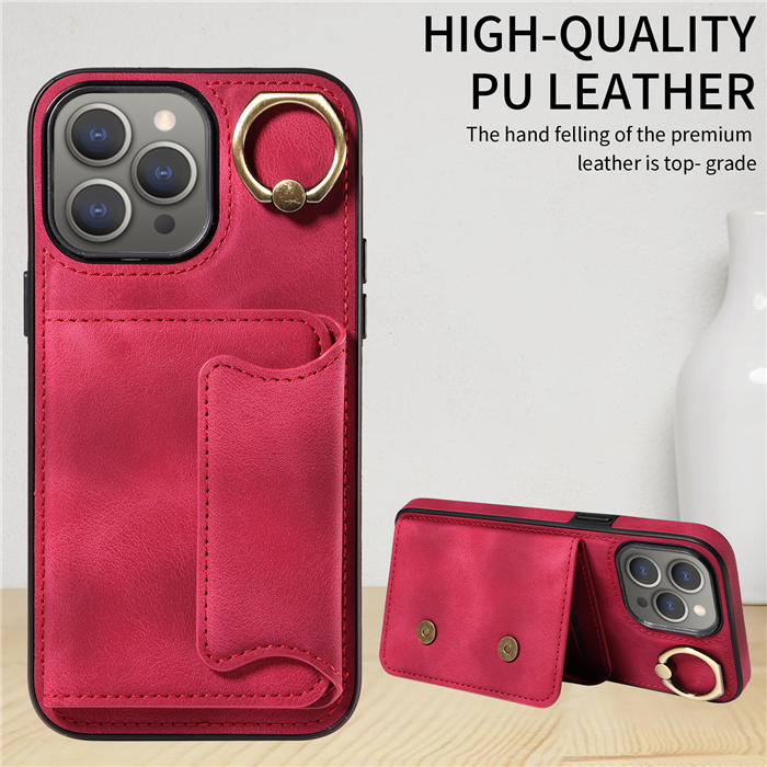 For iPhone 15 Pro Max Card Holder Ring Kickstand Magnetic Closure Case