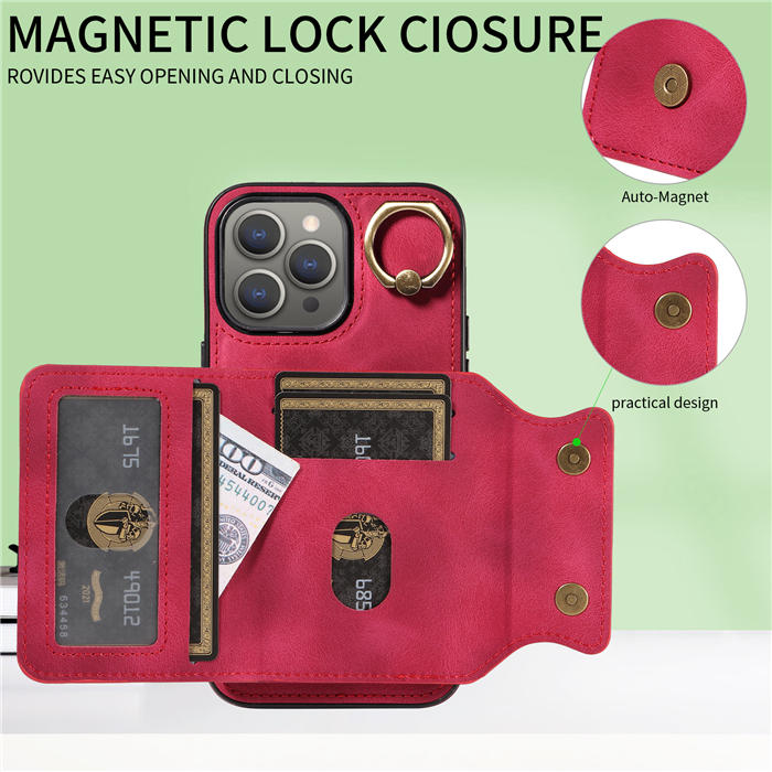 For iPhone 15 Pro Max Card Holder Ring Kickstand Magnetic Closure Case