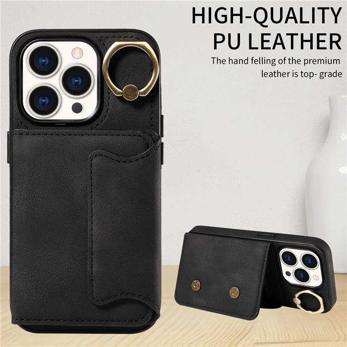 For iPhone 15 Pro Card Holder Ring Kickstand Magnetic Closure Case