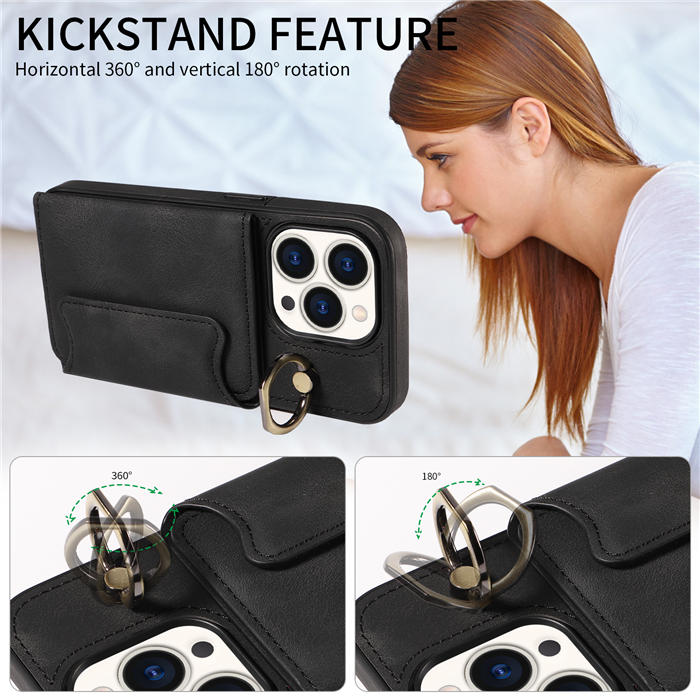 For iPhone 15 Pro Card Holder Ring Kickstand Magnetic Closure Case