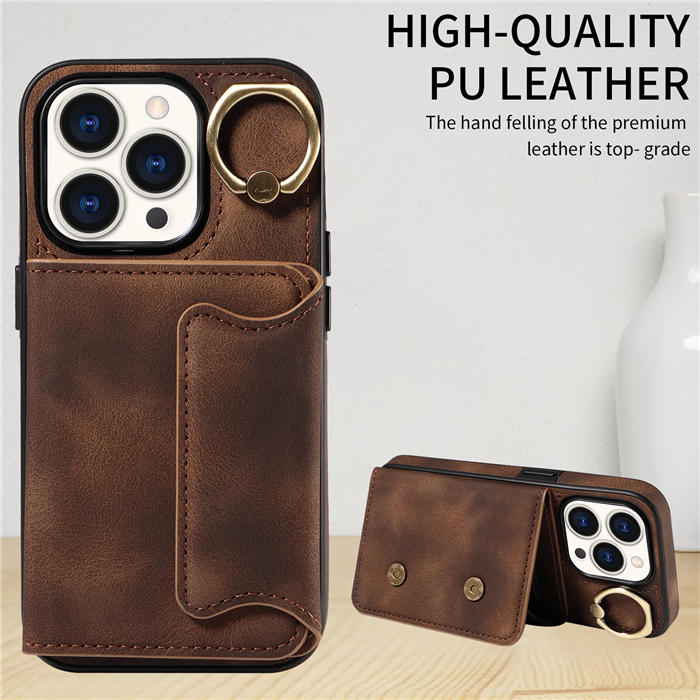 For iPhone 15 Pro Card Holder Ring Kickstand Magnetic Closure Case