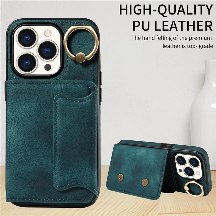 For iPhone 15 Pro Card Holder Ring Kickstand Magnetic Closure Case