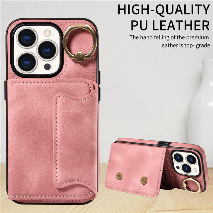 For iPhone 15 Pro Card Holder Ring Kickstand Magnetic Closure Case