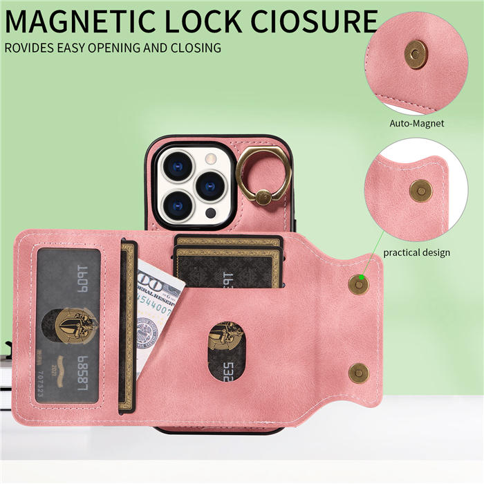 For iPhone 15 Pro Card Holder Ring Kickstand Magnetic Closure Case