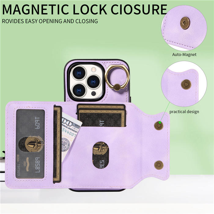 For iPhone 15 Pro Card Holder Ring Kickstand Magnetic Closure Case