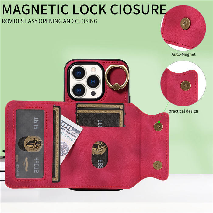 For iPhone 15 Pro Card Holder Ring Kickstand Magnetic Closure Case