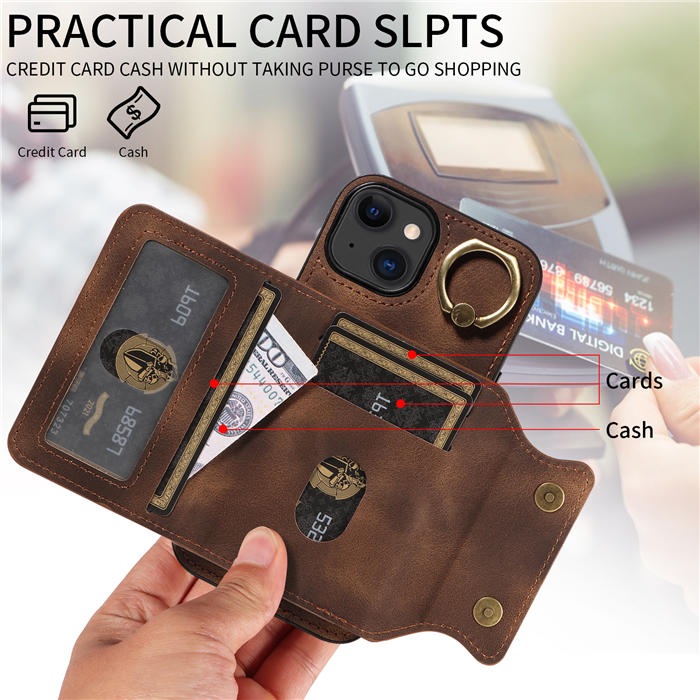 For iPhone 15 Card Holder Ring Kickstand Magnetic Closure Case