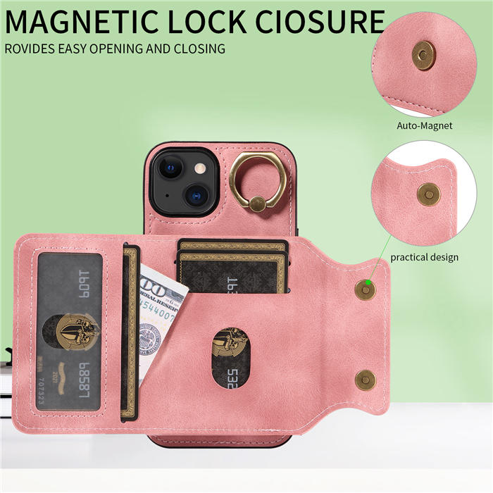 For iPhone 15 Card Holder Ring Kickstand Magnetic Closure Case