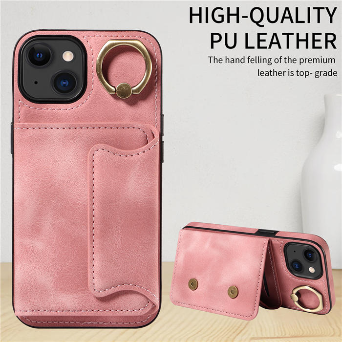 For iPhone 15 Card Holder Ring Kickstand Magnetic Closure Case