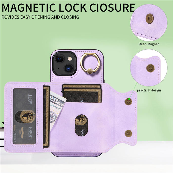 For iPhone 15 Card Holder Ring Kickstand Magnetic Closure Case