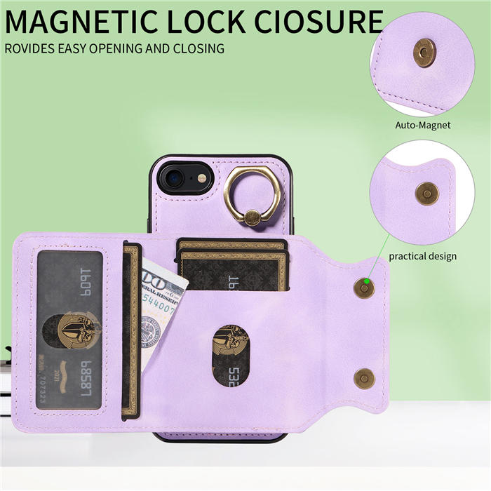 For iPhone 7/8/SE 2020/SE 2022 Card Holder Ring Kickstand Magnetic Closure Case