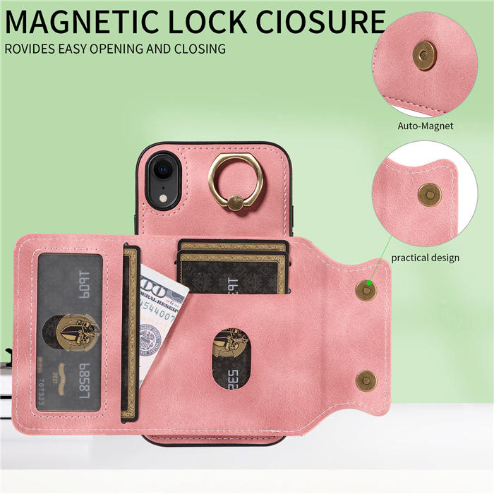 For iPhone XR Card Holder Ring Kickstand Magnetic Closure Case