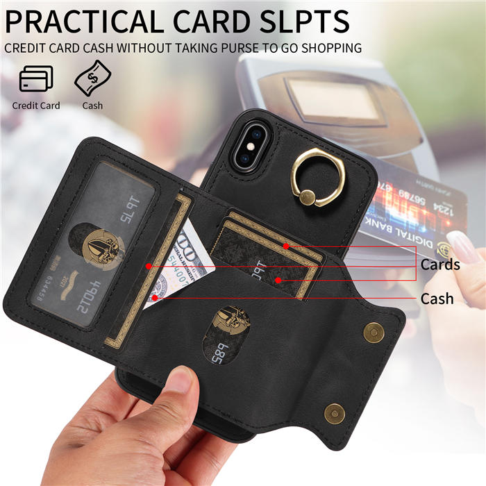 For iPhone XS Max Card Holder Ring Kickstand Magnetic Closure Case