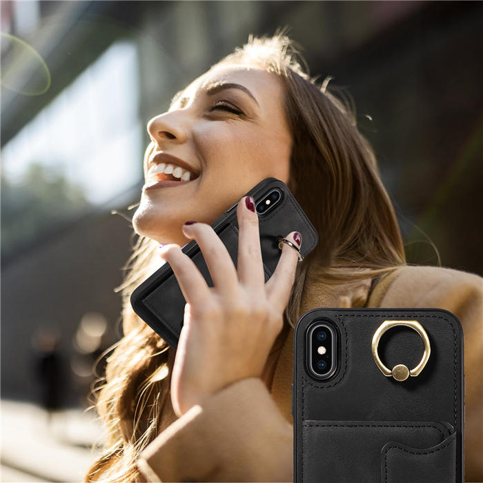 For iPhone XS Max Card Holder Ring Kickstand Magnetic Closure Case