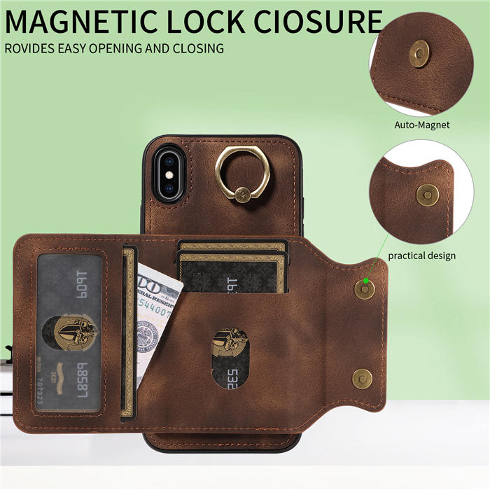 For iPhone XS Max Card Holder Ring Kickstand Magnetic Closure Case