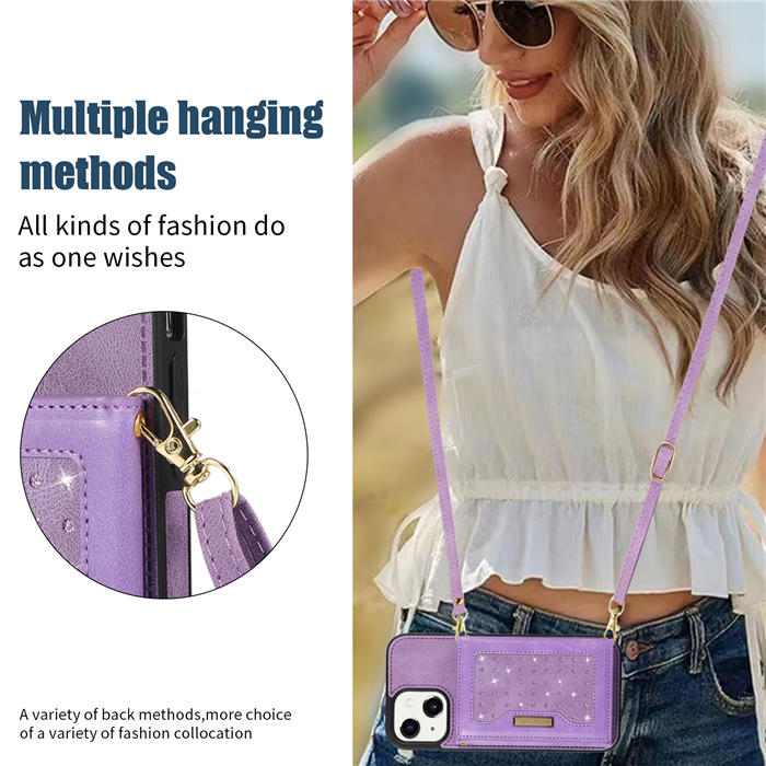 Bling Crossbody Bag Wallet iPhone 13 Case with Lanyard Strap