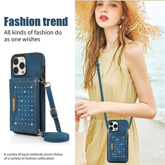 Bling Crossbody Bag Wallet iPhone 13 Pro Max Case with Lanyard Strap