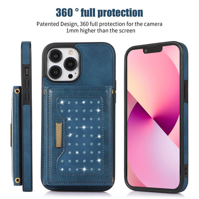 Bling Crossbody Bag Wallet iPhone 13 Pro Max Case with Lanyard Strap