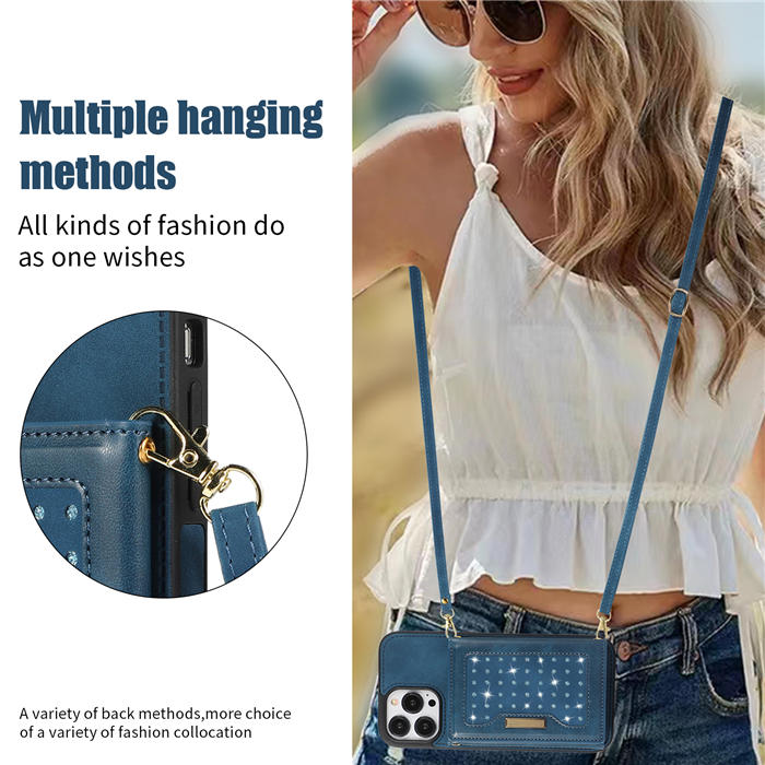 Bling Crossbody Bag Wallet iPhone 13 Pro Max Case with Lanyard Strap