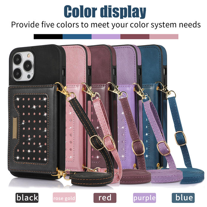 Bling Crossbody Bag Wallet iPhone 13 Pro Case with Lanyard Strap