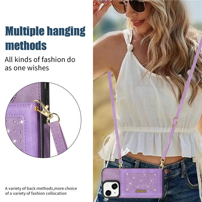 Bling Crossbody Bag Wallet iPhone 14 Case with Lanyard Strap