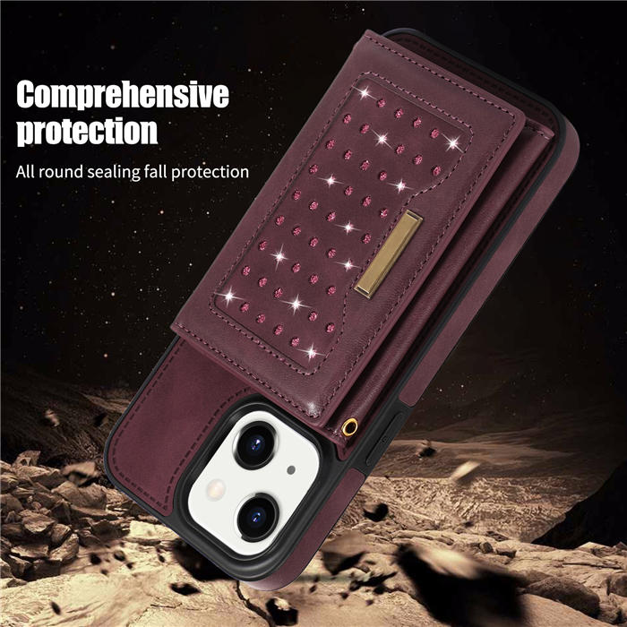 Bling Crossbody Bag Wallet iPhone 14 Case with Lanyard Strap
